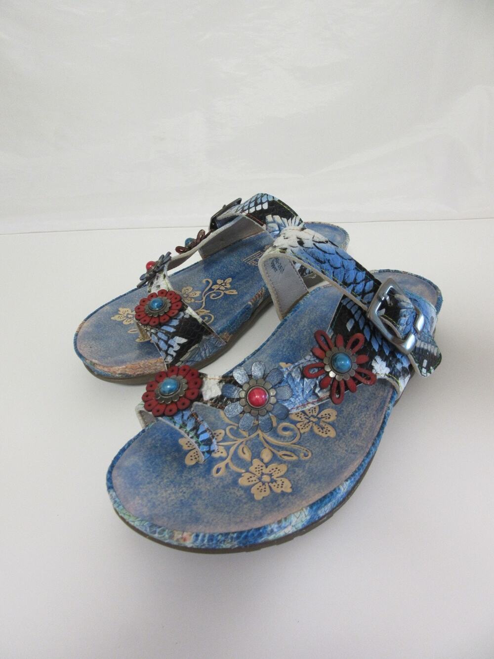 L'Artiste Spring Step Blue Leather Kindness 7-7.5 Slip On Jeweled Sandal-SS